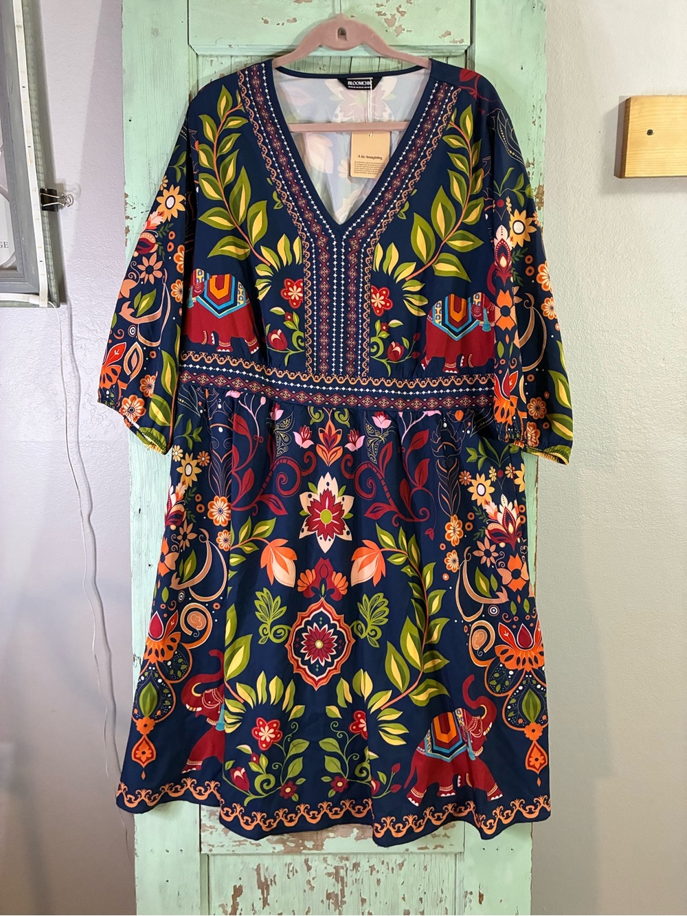 BloomChic Navy Boho V-Neck Midi Dress with Multicolor Floral Print
